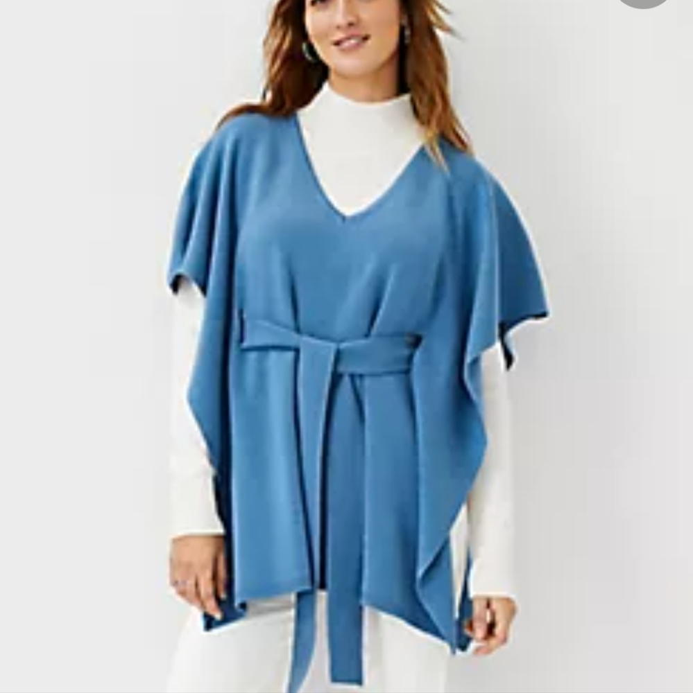 Ann Taylor Blue Belted knit poncho sweater